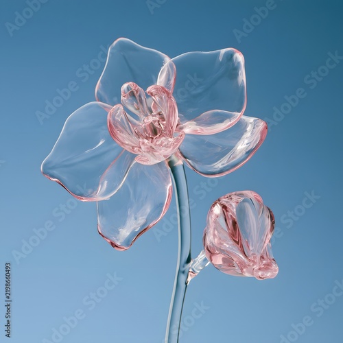 Transparent Pink Orchid Flower with Glass Like Petals Against Blue Background