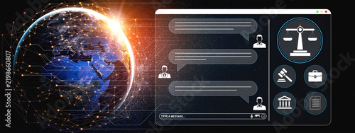 Foto Global Digital Justice System with Chat Interface and Legal Icons Featuring Earth and Sunrise in the Background Haptic
