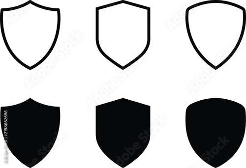 Set of black shield icons in outline and solid styles for security and protection design