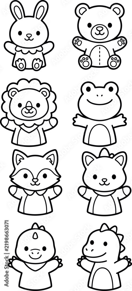 Obraz premium Cute Animal Hand Puppets Bunny Bear Lion and Dragon Outline Vector Icon Set 