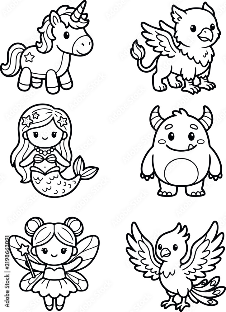 Obraz premium Mythical Magical Creatures Unicorn Griffin Mermaid and Fairy Outline Vector Icon Set 