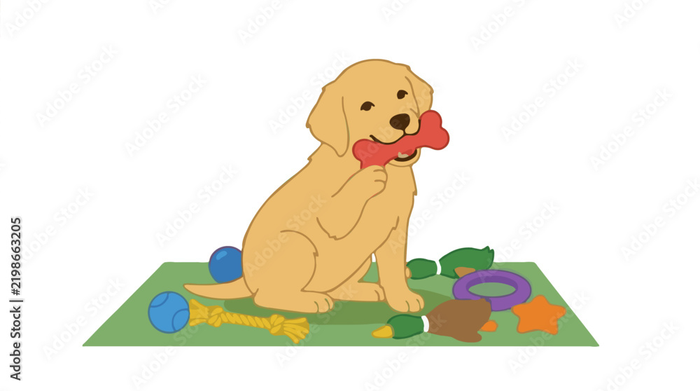 Fototapeta premium Flat design vector illustration of a golden retriever puppy with a bone toy surrounded by colorful dog toys on a green mat