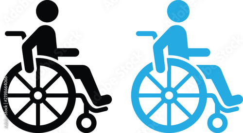 Black and blue wheelchair user icons for accessibility sign and medical design