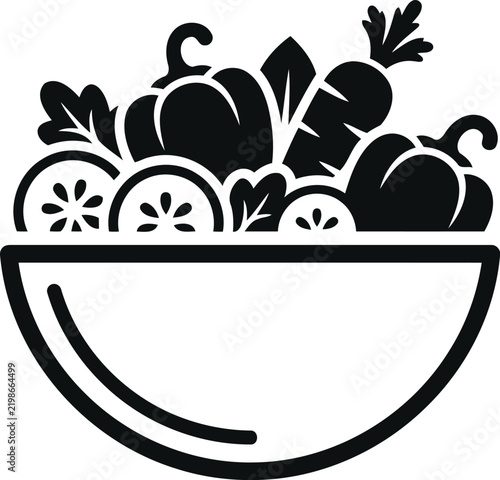 Black and white icon of a fresh salad bowl with mixed vegetables