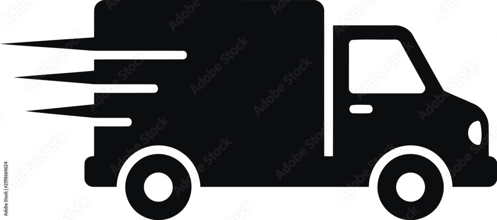 Fototapeta premium Black delivery truck icon with speed motion lines for fast shipping and logistics services