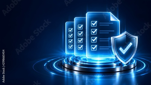 Secure digital compliance documents protected by a glowing cyber shield representing data privacy and verified digital records