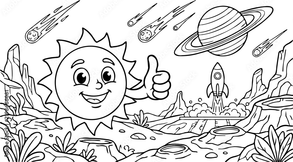 Obraz premium Cute cartoon sun character giving thumbs up in outer space with rocket, planet, and comets
