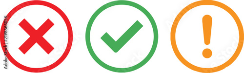 Set of circle icons with cross checkmark and exclamation mark symbols