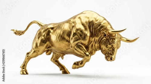 Golden Bull Statue Charging Forward Symbolizing Stock Market Growth and Financial Prosperity on White Background