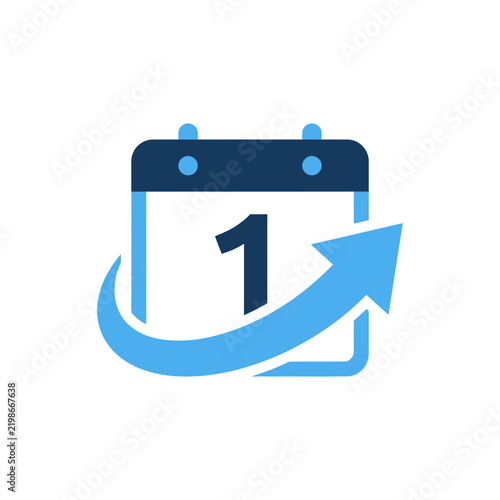 Blue calendar icon with number one and growth arrow