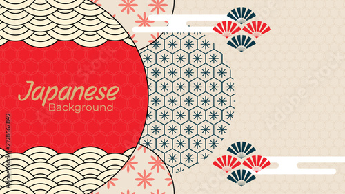 Japanese Red Circle Frame Background with Seigaiha Waves & Traditional Motifs