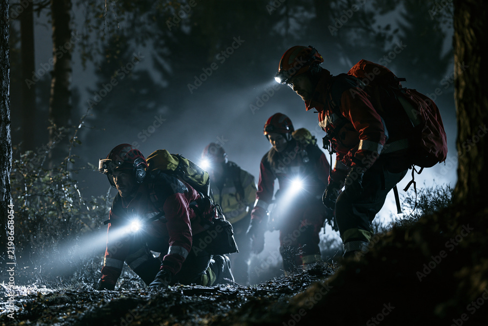 Obraz premium Firefighters navigate dark, misty forest at night. Headlamps cut through fog, revealing wet, uneven terrain. Team moves cautiously, focused on unseen threats. Muddy ground and dense trees create tense