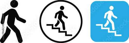 Set of walking person and stairs icons for pedestrian navigation and public wayfinding signs