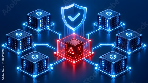 Obraz na płótnie Network security concept with protected server nodes surrounding a compromised central core under threat detection