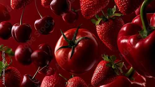 Floating Red Vegetables and Berries Composition with Tomato, Strawberry and Pepper
