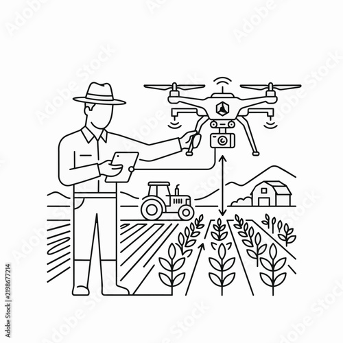 Farmer Operating Smart Agricultural Drone with Tablet in Crop Field Minimalist Line Art Illustration Style