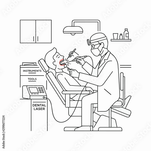 Dentist Examining Patient Teeth in Modern Dental Clinic Office Interior Outline Line Art Illustration Vector Design Concept