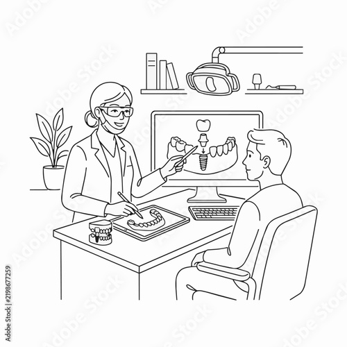 Dentist Consulting Patient with Dental Implant Diagram on Computer Screen in Modern Clinic Interior Line Art Vector Illustration