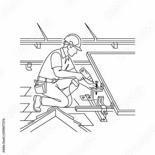 Solar Panel Installation Worker Mounting Renewable Energy Equipment on Roof with Electric Drill in Outline Vector Illustration