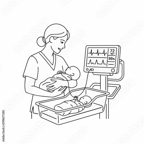 Nurse Holding Newborn Baby in Hospital Maternity Ward with Medical Monitor in Line Art Illustration Vector Style