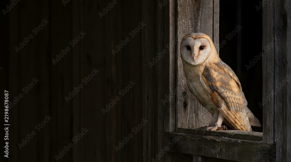 Obraz premium Majestic barn owl perched in a dark wooden window frame