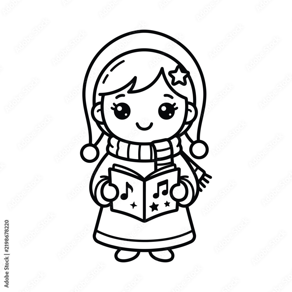 Obraz premium Cute Girl Singing Christmas Carols, Coloring Page Vector