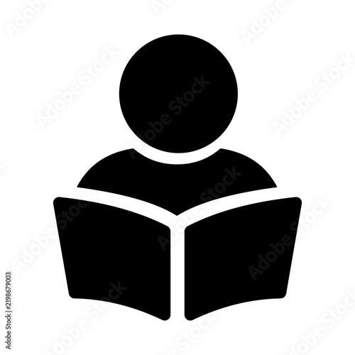 Simple black silhouette icon representing a person reading an open book, symbolizing education, knowledge acquisition, and student learning for various applications