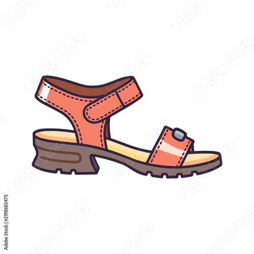 A stylish coral red walking sandal featuring a secure ankle buckle and rugged sole in a hand-drawn doodle style. Ideal for summer apparel branding and vacation catalogs.