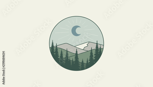 Circular landscape patch displaying a crescent moon over pine tree forest and snowy mountains on a light background.