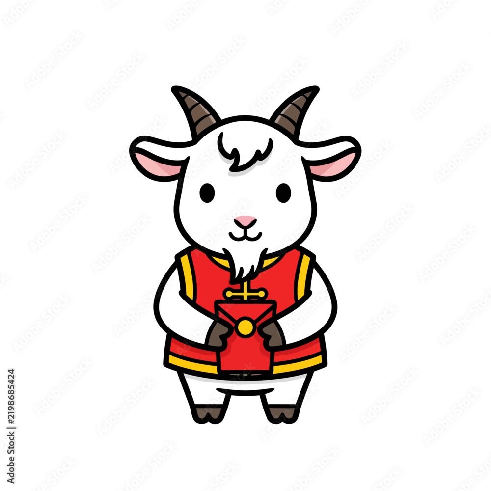 Fototapeta premium Cute cartoon goat wearing red vest holding red envelope.
