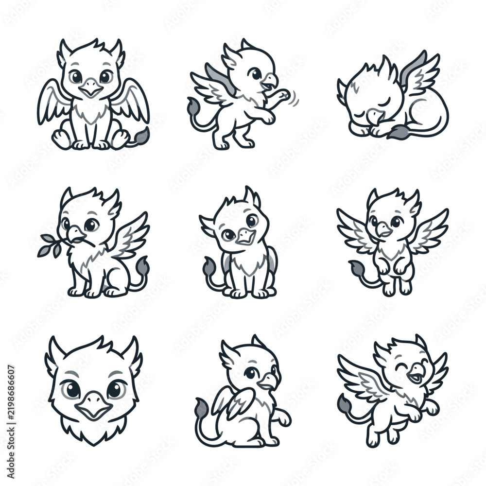 Obraz premium Cute Griffin Baby Icon Set - Mythical Creature Vector Art