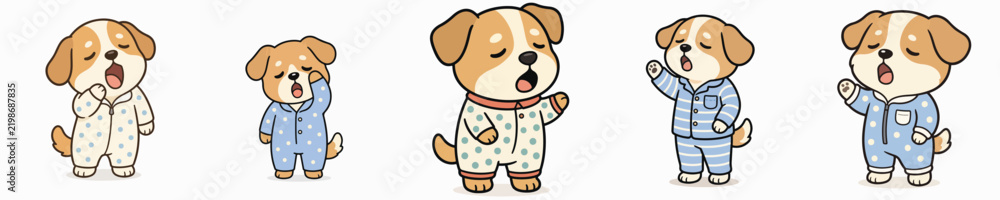 Fototapeta premium A set of cute dog vectors dressed in pajamas and yawning sleepily.