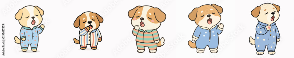 Fototapeta premium A set of cute dog vectors dressed in pajamas and yawning sleepily.