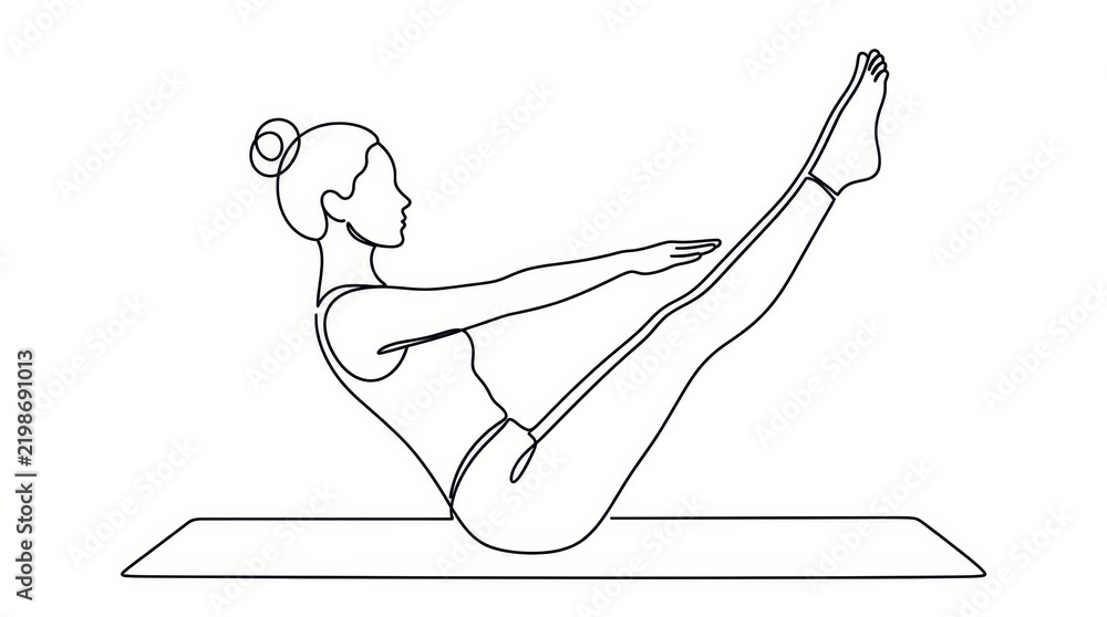 Obraz premium Minimalist Continuous Line Drawing of a Woman Practicing Yoga Boat Pose on a Mat for Wellness and Fitness
