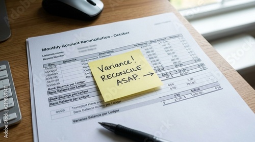 Reconciliation variance flagged with a yellow sticky note for bookkeeping reconciliation and accounting concept