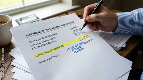 Reconciliation variance flagged on a printed statement for finance audit and reconciliation process concept