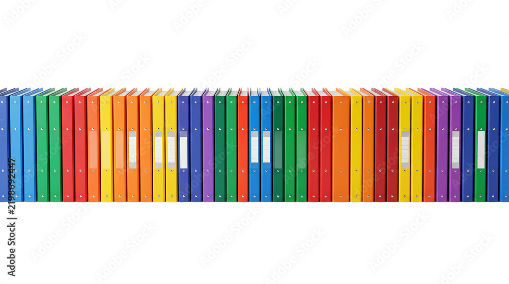 Obraz premium Office archive row of colorful ring binders. Red blue green yellow and orange folders