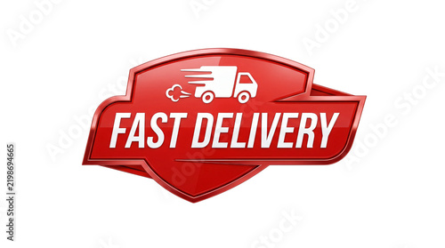 Fast delivery red badge vector illustration. Featuring white delivery truck icon and bold typography