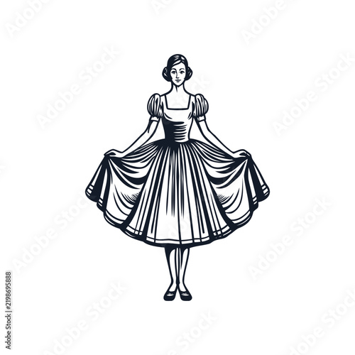 Elegant woman in a flowing dress vintage style illustration.