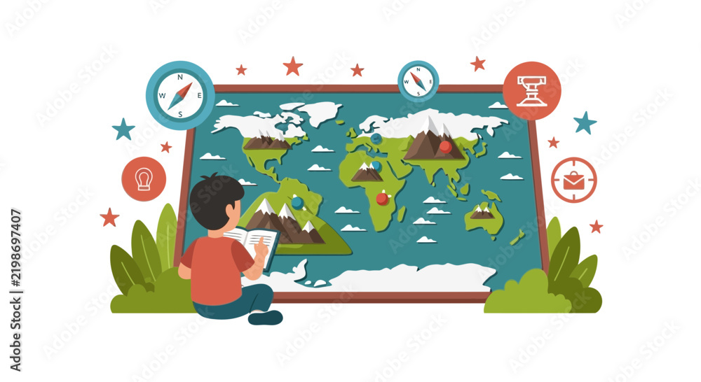 Fototapeta premium Child Learning Geography with World Map Vector Illustration