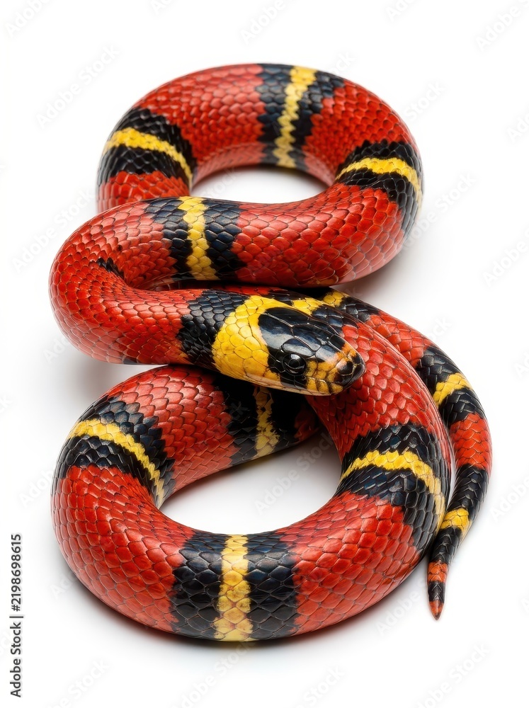 Fototapeta premium Vibrant Red Black and Yellow Coiled Milk Snake Isolated on White Background - Studio Portrait of a Colorful Reptile