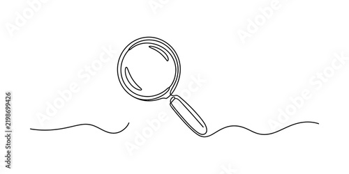 Continuous single line drawing of a magnifying glass tool for search and discovery