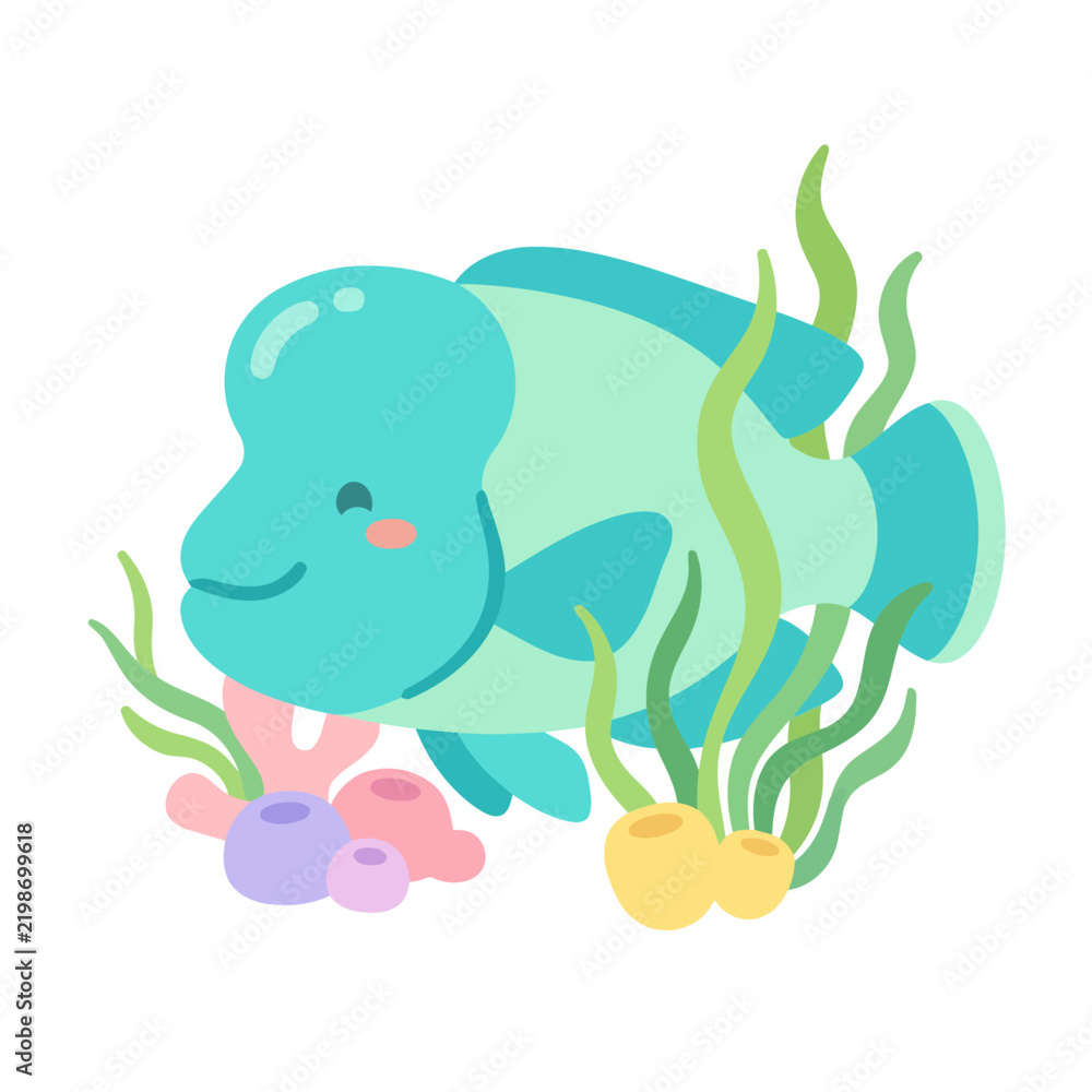 Obraz premium Cute cartoon fish swimming among coral and seaweed.