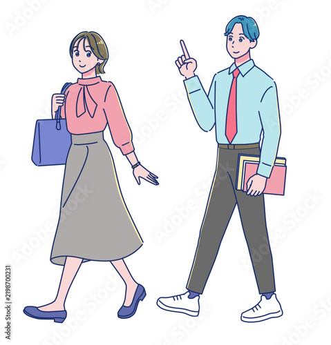 笑顔で歩く若い社会人男女
