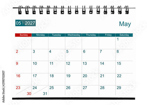 May 2027 calendar. Page of the annual business desk month calendar isolated on white.