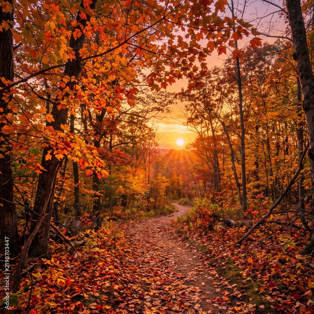 Fototapeta premium Vibrant autumn forest landscape featuring a winding path covered in fallen leaves under a glowing sunset and sunbeams