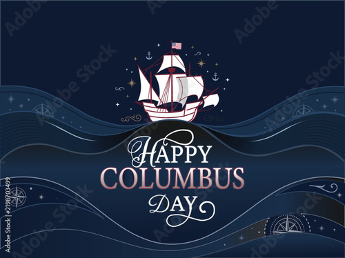 Happy Columbus Day Celebration Design — Sailing Ship, Ocean Waves and Patriotic Holiday Greeting