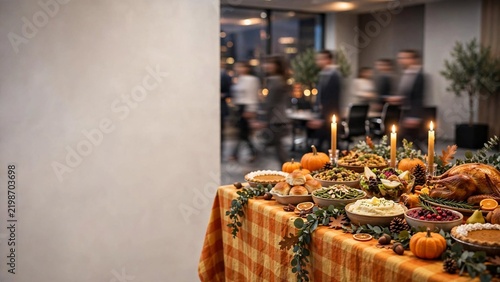 An office Thanksgiving celebration featuring coworkers enjoying a potluck spread on a table adorned with autumn decor