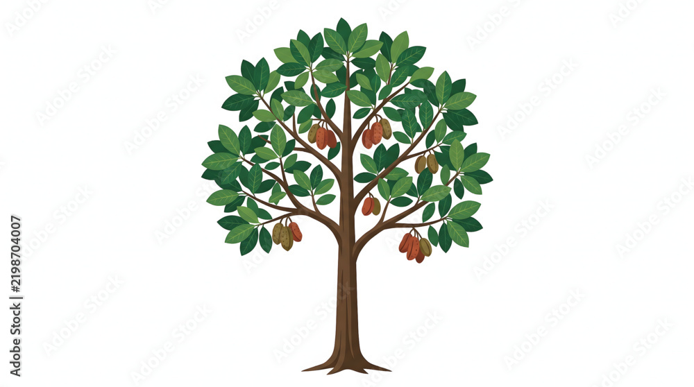 Obraz premium Detailed botanical illustration of a kola nut tree with leaves and fruit pods on a white background