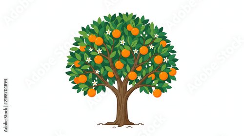 Vector illustration of a stylized orange tree with ripe fruit and green leaves on a white background